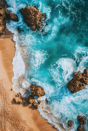 Stunning aerial beach snapshot showcasing turquoise waters, golden sands, and majestic waves against brown rocks.