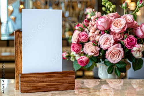 wooden menu holder  a blank page  menu mockup  many rose flowers in the background 