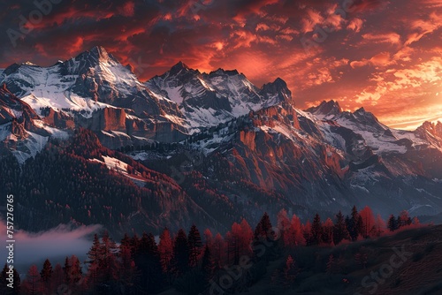 Dramatic Swiss Mountain Landscape at Sunset: Snowcaps Bathed in Red Evening Light