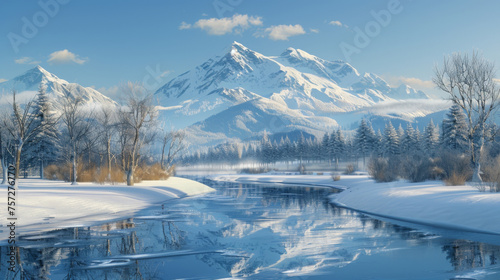 Snow-covered trees and mountains reflected in a calm river under a clear winter sky.