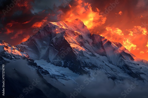 Stunning Swiss Sunset: Evening Light Bathes Snowcapped Peaks in Red, a National Geographic Close-Up.