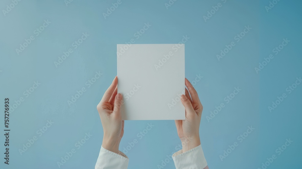 Mockup. Square white card, with gentle hands, minimalist cobalt blue color palette, Mockup. Square white card, with gentle hands, minimalist cobalt blue color palette,