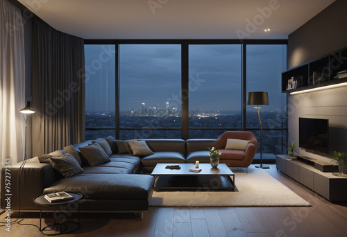 Illustration of modern dark apartment with big windows © Fukurou