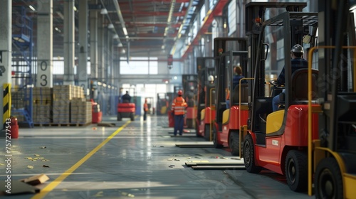 forklifts and loaders with safety gear in a well-organized and ergonomically designed environment