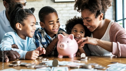 parents teaching children how to save money in a piggy bank