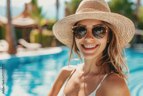 Fashionable tourist woman with summer hat cheerfully while standing in front of a swimming pool at a luxury resort.