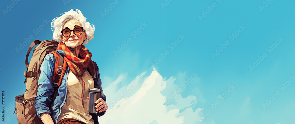 Image capturing an elder hiker with a warm scarf and glasses, holding a thermos, ready for a day's adventure under clear blue skies. Banner with copy space. Concept holiday, elderly active people.