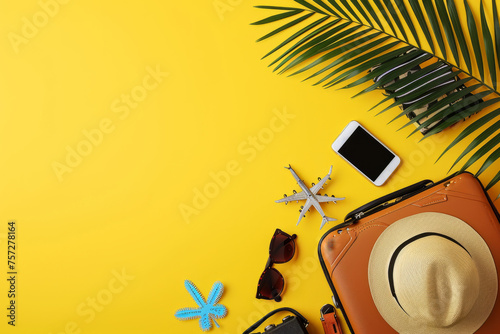 Suitcase with travel accessories  sunglasses  hat and camera on a yellow background with copy space for text. Travel concept  minimal style
