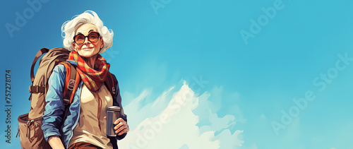 Image capturing an elder hiker with a warm scarf and glasses, holding a thermos, ready for a day's adventure under clear blue skies. Banner with copy space. Concept holiday, elderly active people. © Natalia Arteeva