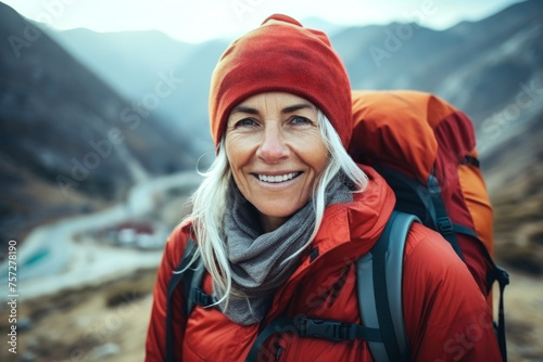 A smiling senior woman with a red beanie and backpack enjoys the breathtaking views during a mountain hike. Concept travel alone, outdoor activities, vacation, me time, adventure, tourism, old age.