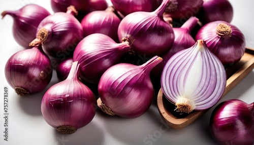Thai red onion or Shallots. Fresh purple shallots on white background. Selected focus photo
