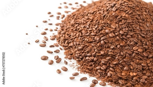 The pile of the ground coffee flakes isolated over the white background