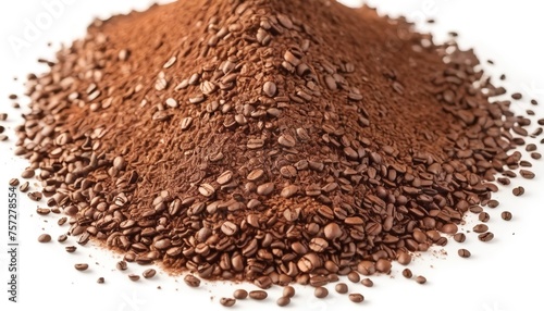 The pile of the ground coffee flakes isolated over the white background photo