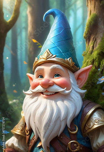 Close-up of a smiling gnome in a forest photo