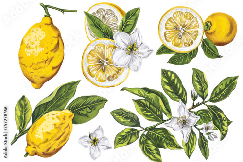 Hand drawn illustration - Collections of Lemons. Blossom plant with leaves.