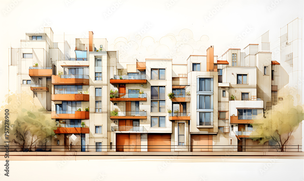 Modern apartment building with many residential units with balconies and street view. Watercolour drawing. Modern apartment building with many residential units with balconies and street view. Watercolour drawing.