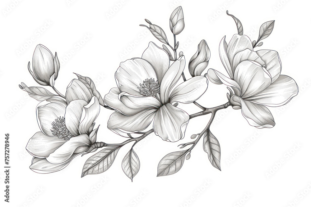 Magnolia flowers drawing with line-art on white backgrounds. Magnolia flowers drawing with line-art on white backgrounds.