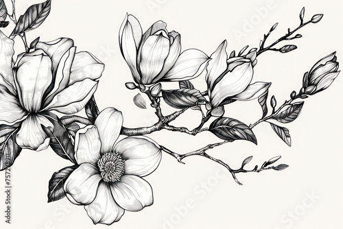 Magnolia flowers drawing with line-art on white backgrounds.