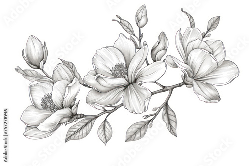 Magnolia flowers drawing with line-art on white backgrounds.