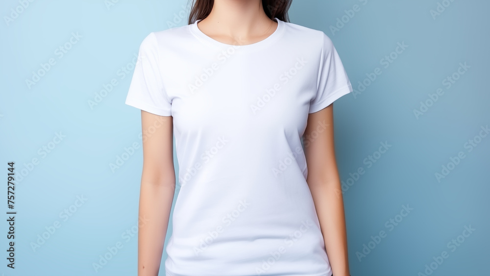 White blank t-shirt mockup, woman wear clothing standng isolated on blue background White blank t-shirt mockup, woman wear clothing standng isolated on blue background