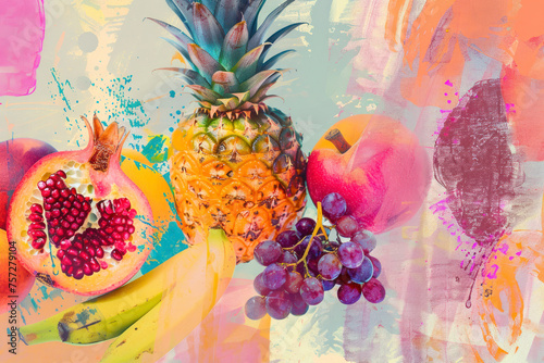 Pastel fruit illustration peach, grapes, pineapple, pomegranate, pear. Abstracted collage of fruits. photo