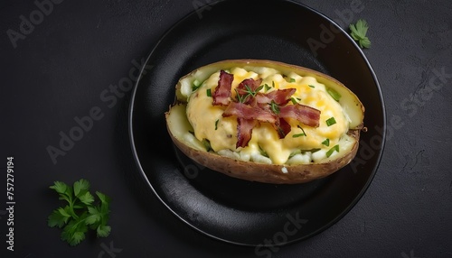 Turkish Kumpir, baked potatoes stuffed with cheese, bacon, salty cucumber, herbs and butter. Black background