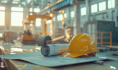 Architectural background. Hardhat and drawings on the table