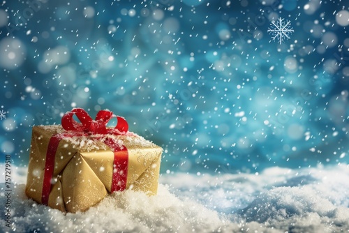 Festive Christmas snow background with copy space. Golden gift box with red ribbon  snowflake and serpentine on snow on evening blue sky background with falling snow flakes.