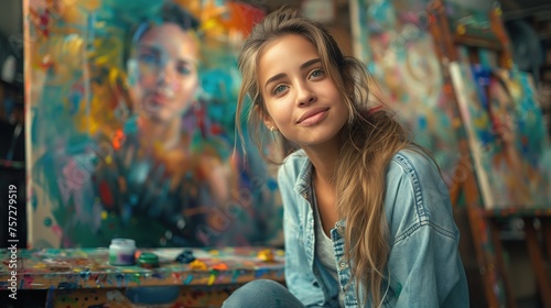portrait of a pretty young artist girl near the canvas