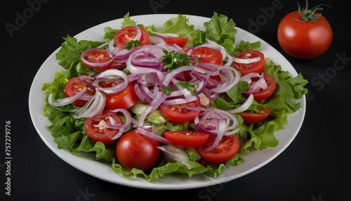 Vegetable salad with tomatoes, red onions and sauce on a black background