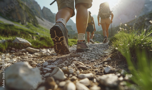 Hikers walking on a trail in the mountains. Close-up of a pair of hiking shoes