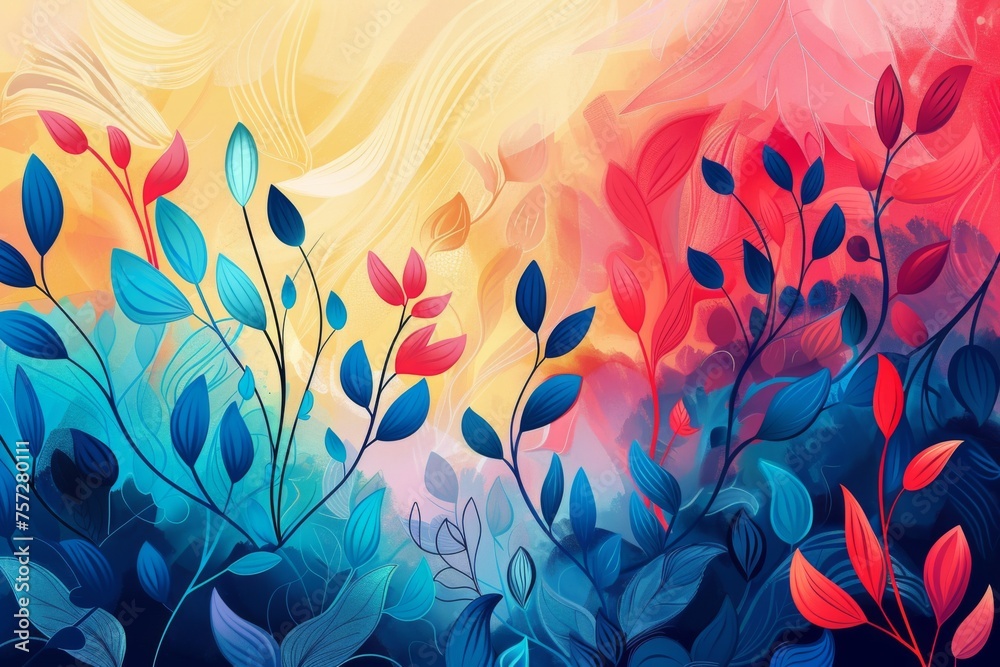 Abstract floral background with blue and red leaves. Abstract background for Garden Week, celebrating the beauty, diversity, and the nurturing aspect of gardens