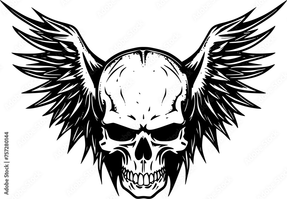 Skull With Wings - Black and White Isolated Icon - Vector illustration