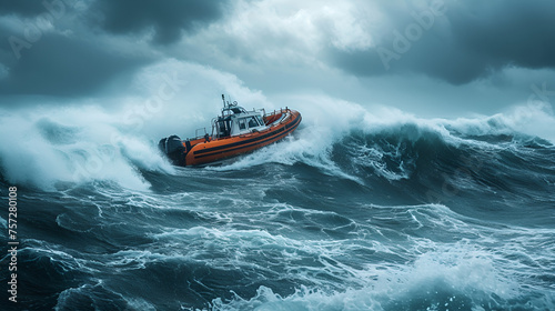 Rough Sea with Capsized Lifeboat. generatie ai  © Malaika