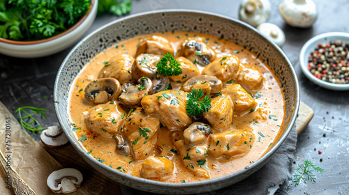 Stew chicken in a creamy sauce with mushrooms