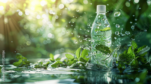 Water splashing dynamically around a bottle among mint leaves, conveying refreshment and natural purity photo