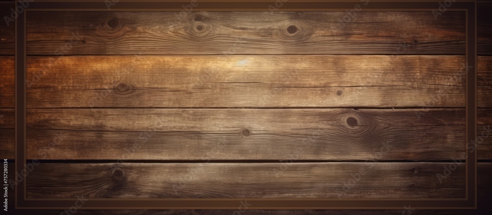 Fototapeta premium A closeup photo of a rectangular hardwood table with a rich brown wood stain. The pattern of the wood plank flooring is visible in the blurred background