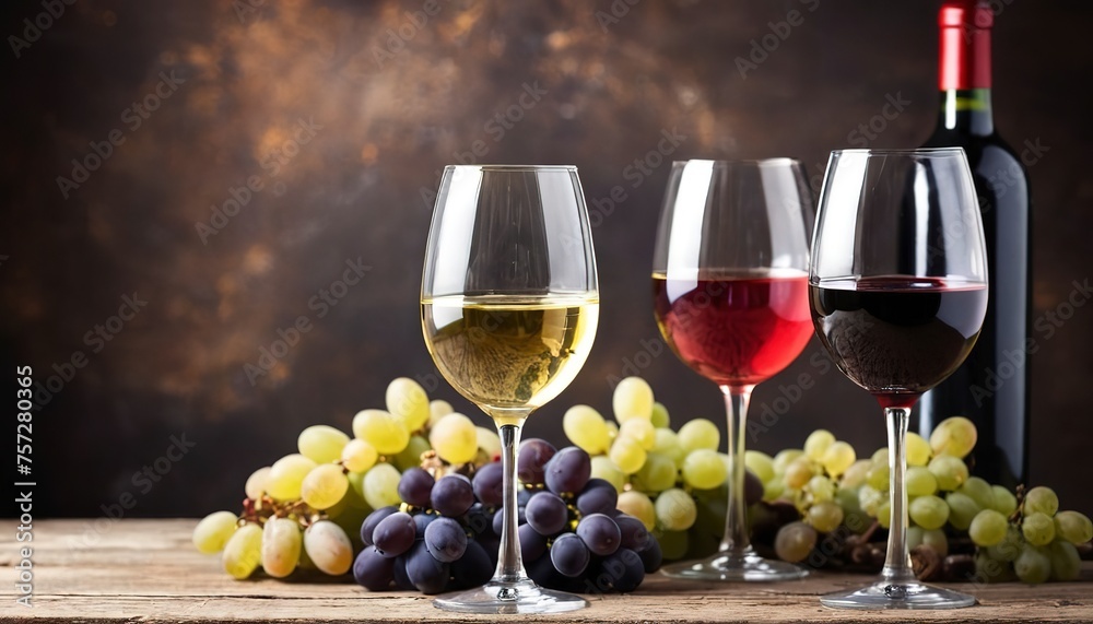 Wine background. Glasses of red and white wine. On a rustic background