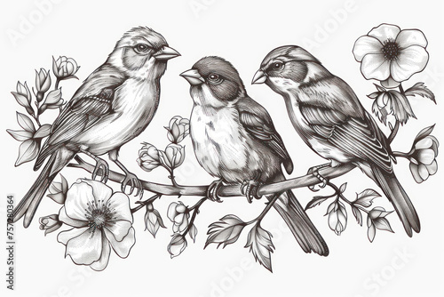 Set of of birds and flowers, line drawings, ink drawing, hand drawn illustration.