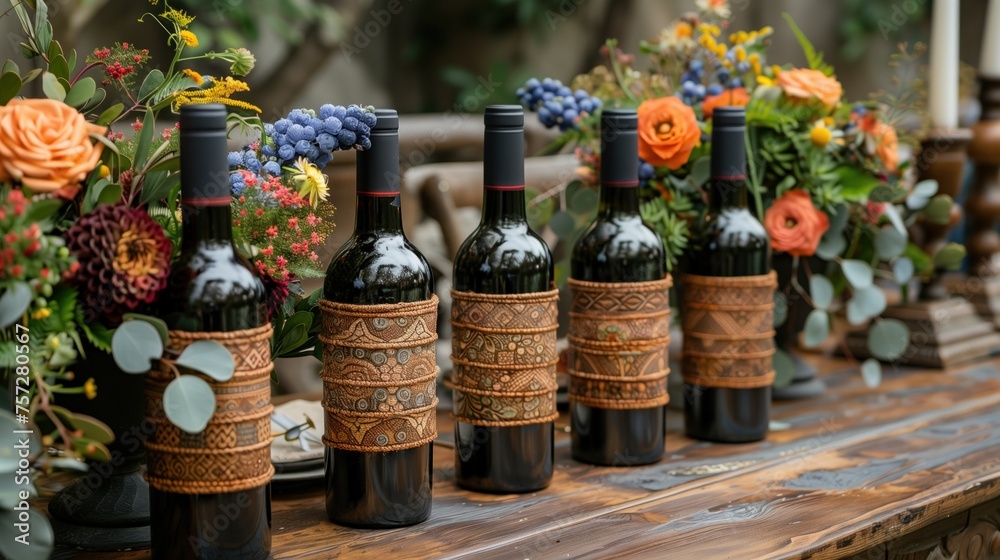 wedding wine table, with decorated wine bottles