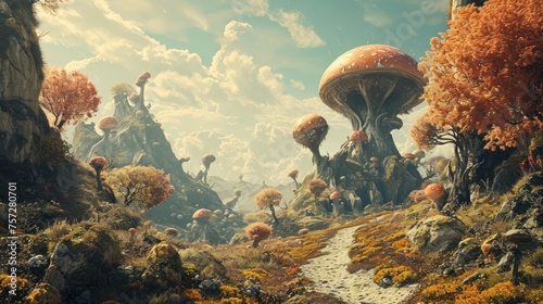 surreal landscape filled with mesmerizing visuals, incorporating unexpected elements and imaginative details photo