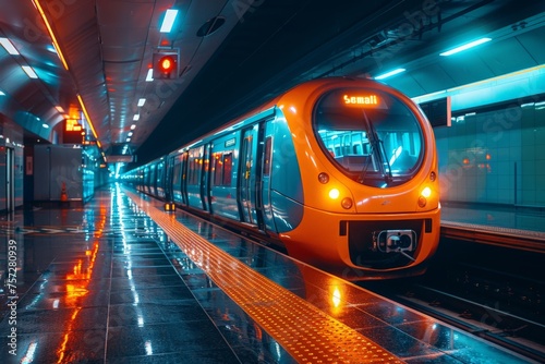 An orange futuristic-looking metro train arrives at a well-lit station platform, reflecting on the shiny wet floor