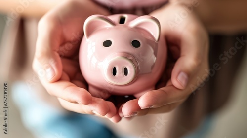 The image shows a close-up of a classic pink piggy bank being held securely in the hands of a child and an adult. 