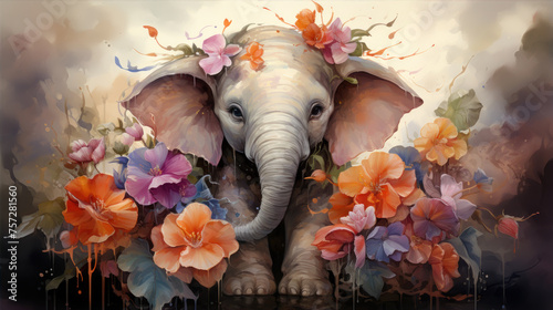 Cute baby elephant playing with flowers. Watercolor artwork.