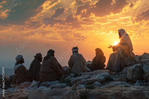 Jesus and his disciples engaged in a deep, spiritual conversation on a rocky path, with a dramatic sunset illuminating the sacred moment