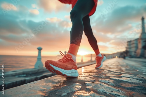 A man in sportswear running along the embankment, closeup of his legs and shoes, with the sea in the background, in the sunset light. Generative ai