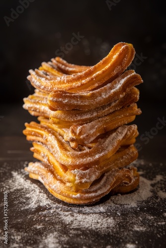 A tower made of churros with a black backdrop. Churros are a type of fried dough pastry, often covered in sugar and can be enjoyed with various dips or fillings.