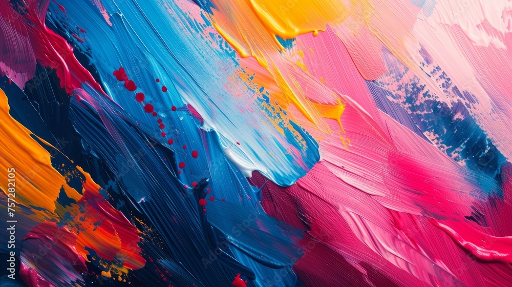 An abstract background characterized by bold brushstrokes and expressive paint splatters in vibrant colors