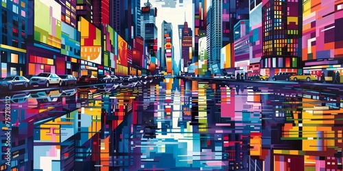 A vibrant and colorful cityscape with tall buildings, streets filled with cars and bicycles, reflected in the water of an urban canal.