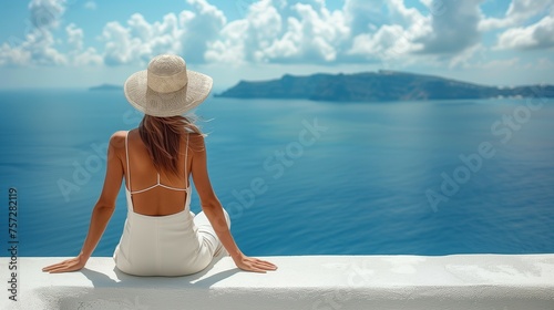 Panoramic Seaside Relaxation: Elegant Woman Enjoying Seascape View on Terrace. Generative ai